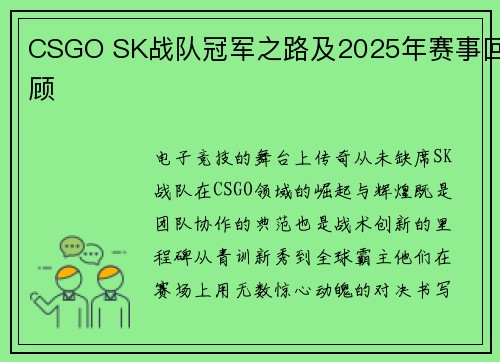 CSGO SK战队冠军之路及2025年赛事回顾